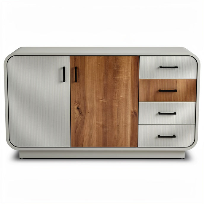 **Technische titel in het Nederlands: Modern houten dressoir met gladde en gestreepte afwerking**